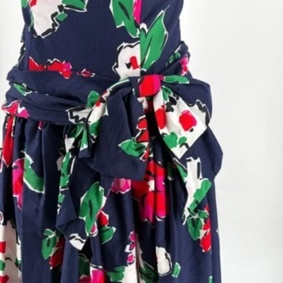 Patty O'Neil Floral Strapless Navy Blue Dress Kentucky Derby Prom 80s Vtg 6 - Picture 2 of 11